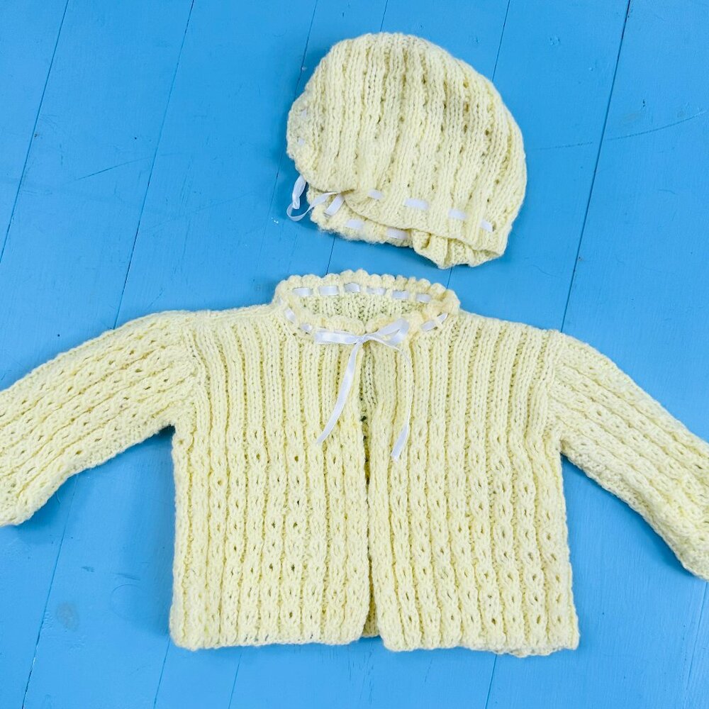 Vintage Hand Knit Baby Sweater and Matching Bonnet Yellow Baby Sweater Bonnet